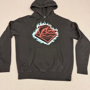 Pink Dolphin Hoodie Mens L Black Puff Print Flames Rose Graphic Fleece Pullover